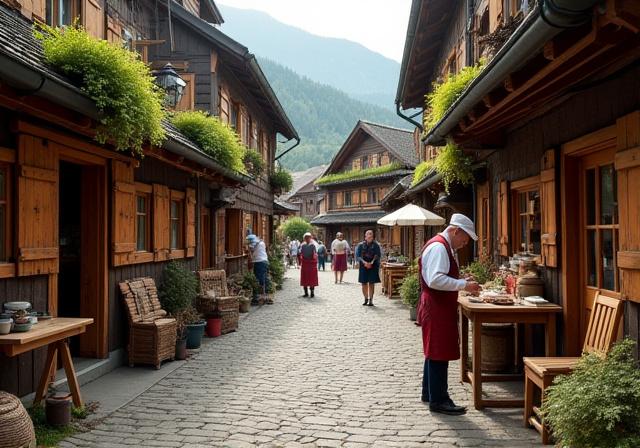 Norsk håndverkerlandsby med tradisjonelle verksteder